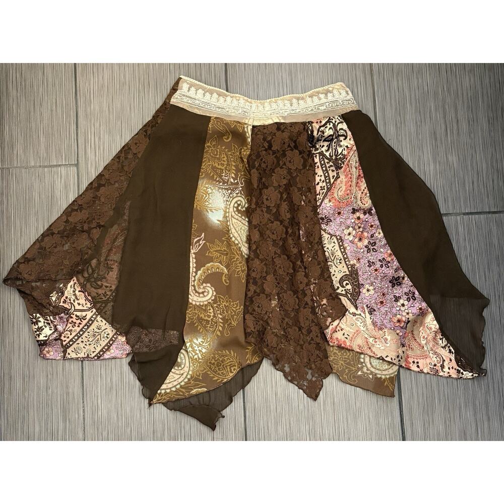 Vintage Rave Patchwork Lace Hanky Hem Skirt Size Large Brown Fairy Y2K Festival